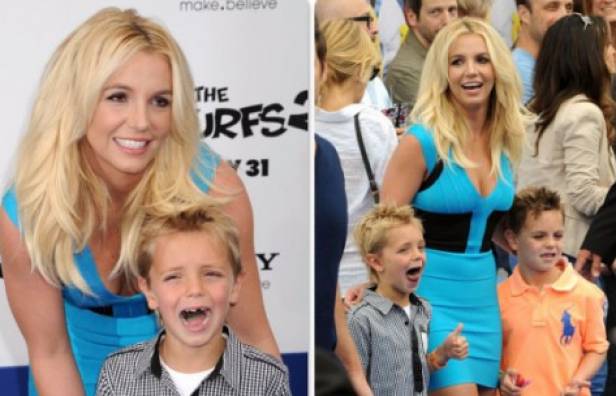 Britney Spears wearing Herve Leger at the 'Smurfs' premiere with sons Sean and Jay.