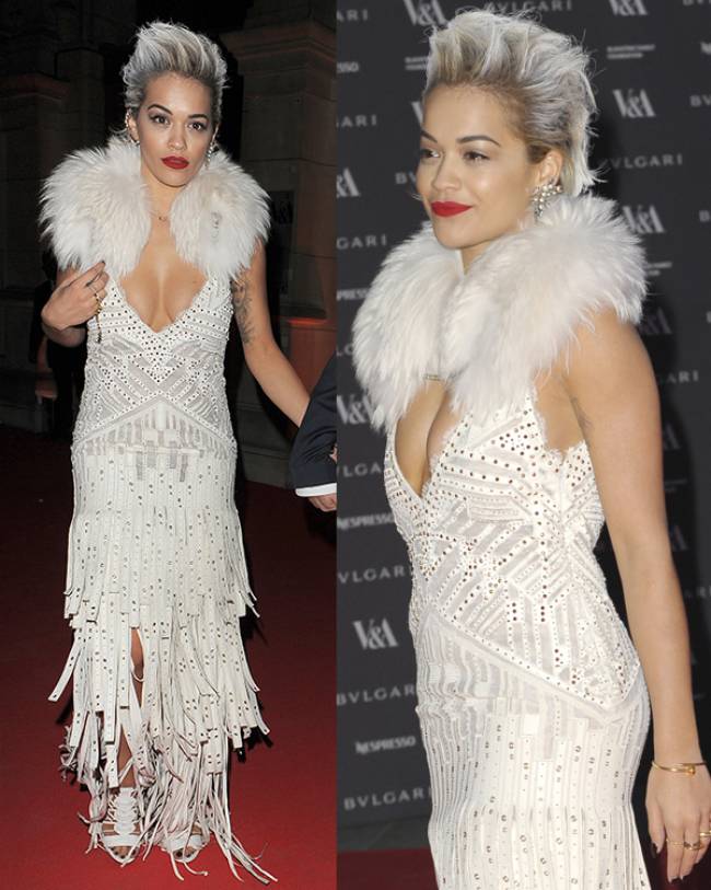 Rita Ora needs a tailor for her Roberto Cavalli leather dress.