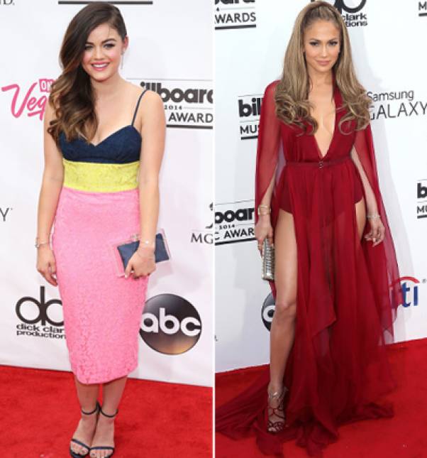 Lucy Hale pops in lace Neon from Alex Perry. J.Lo is all glamour in sheerDonna Karan