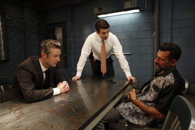 Pictured: (l-r) Peter Scanavino as Dominick "Sonny" Carisi, Andy Karl as Sgt. Mike Dodds, Wass Stevens as Slice -- (Photo by: Will Hart/NBC)