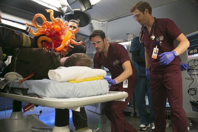 CHICAGO MED -- "Fallback" Episode 103 -- Pictured: (l-r) Taylor Kinney as Kelly Severide, Colin Donnell as Dr. Connor Rhodes, Nick Gehlfuss as Dr. Will Halstead -- (Photo by: Elizabeth Sisson/NBC)