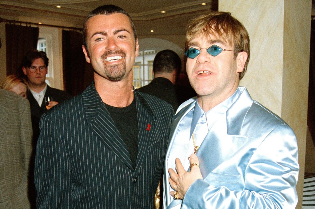 Singers George Michael and Elton John at the Gianni Versace 'Men Without Ties' launch party in London, 14th June 1995. (Photo by Dave Benett/Getty Images)